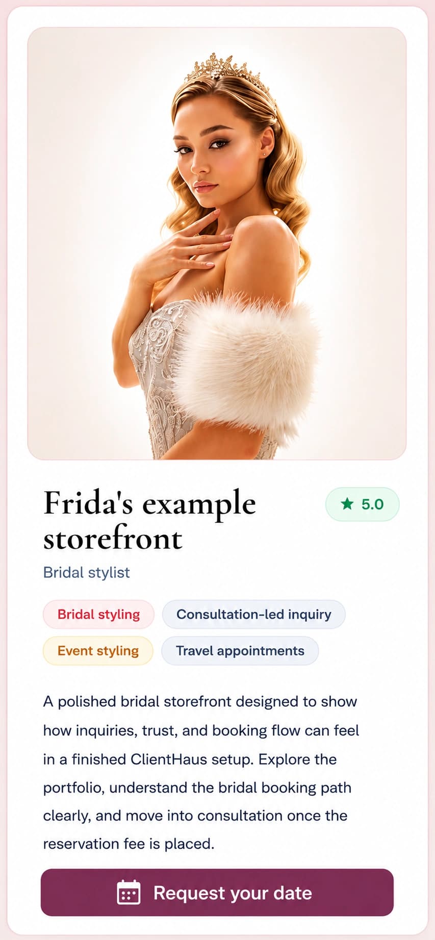 Example ClientHaus bridal storefront shown on a phone